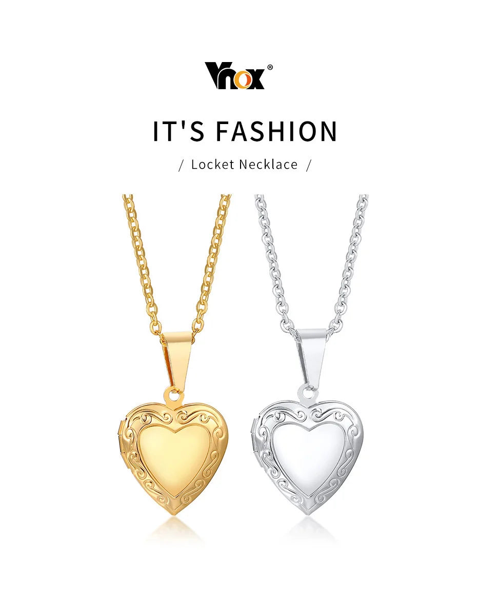 Vnox Customize Picture Name Women Necklaces Heart Locket Pendant Family Image Personalized Anniversary Gift