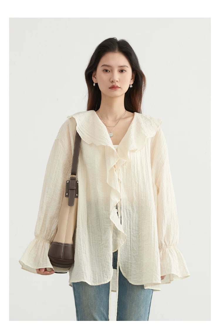 CHIC VEN Women Shirt Loose Casual Ruffled Edges Female Blouses V Neck Lace Up Mid Length Woman Shirts Spring Summer 2026