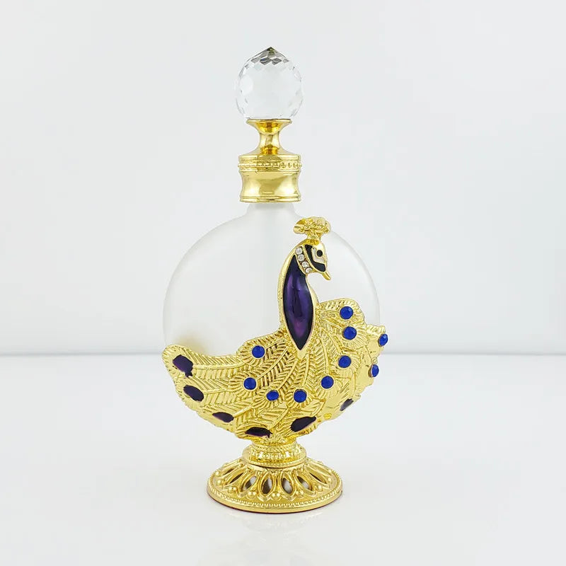 Artistic 30ml Empty Perfume Bottle, Dubai-Inspired Metal and Glass Container Adorned with a Peacock Motif, Great for Refilling E