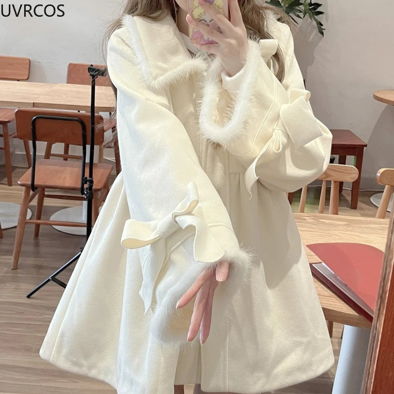 Japan Style Sweet Bow Lolita Woolen Coats Womem Winter Clothes 2024 Thickend Warm Outerwear Jacket Female Fashion Christmas Coat