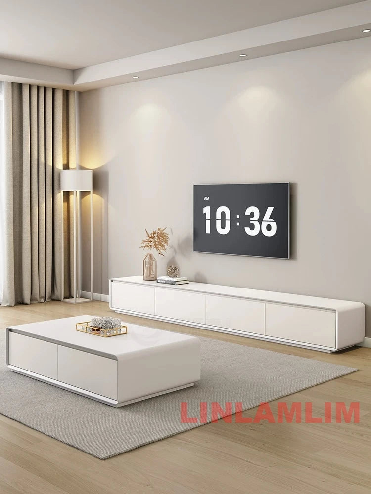 Modern White Living Room Furniture Set, Coffee Table and TV Stand with Storage Cabinets, Contemporary Entertainment Center Set