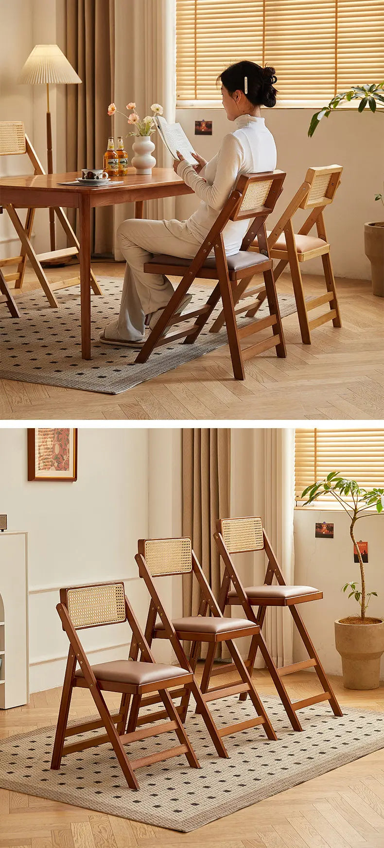 Foldable Wooden Bar Stool High Counter Stool Rattan Back Modern Minimalist Kitchen Island Breakfast Bar Dining Room Furniture
