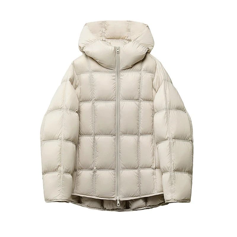 Schinteon Women Light White Down Jacket with Hood Loose Over Size Casual Autumn Winter Outwear Square Warm Short Coat 2026 New