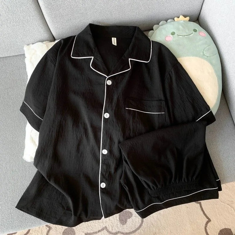 Youth Men's Slim Fit New Pajama Set Solid Color Short Sleeve Lapel Top and Elastic Shorts Pajamas Summer Loungewear Sleepwear