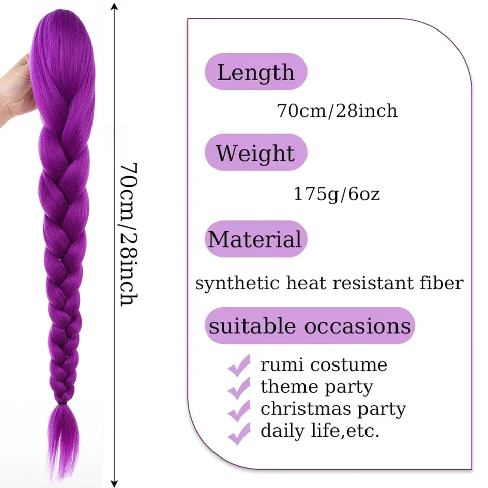 28inch Synthetic Hair Long Braided Purple Hair Ponytail Extensions Rumi Hairstyle Claw Clip Hair Wig for Kids for Chritmas Party