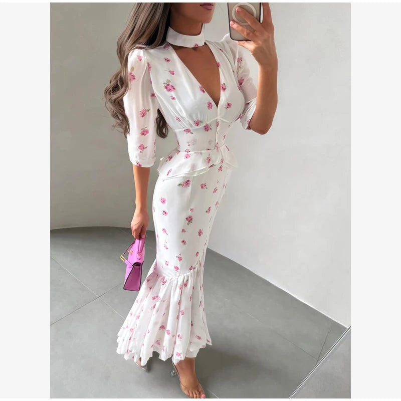 Fashion Organza Floral Printed Maxi Dress V-Neck Puff Sleeve 2026 Spring/Summer Romantic Women Party Gown Elegant Lady Vestido