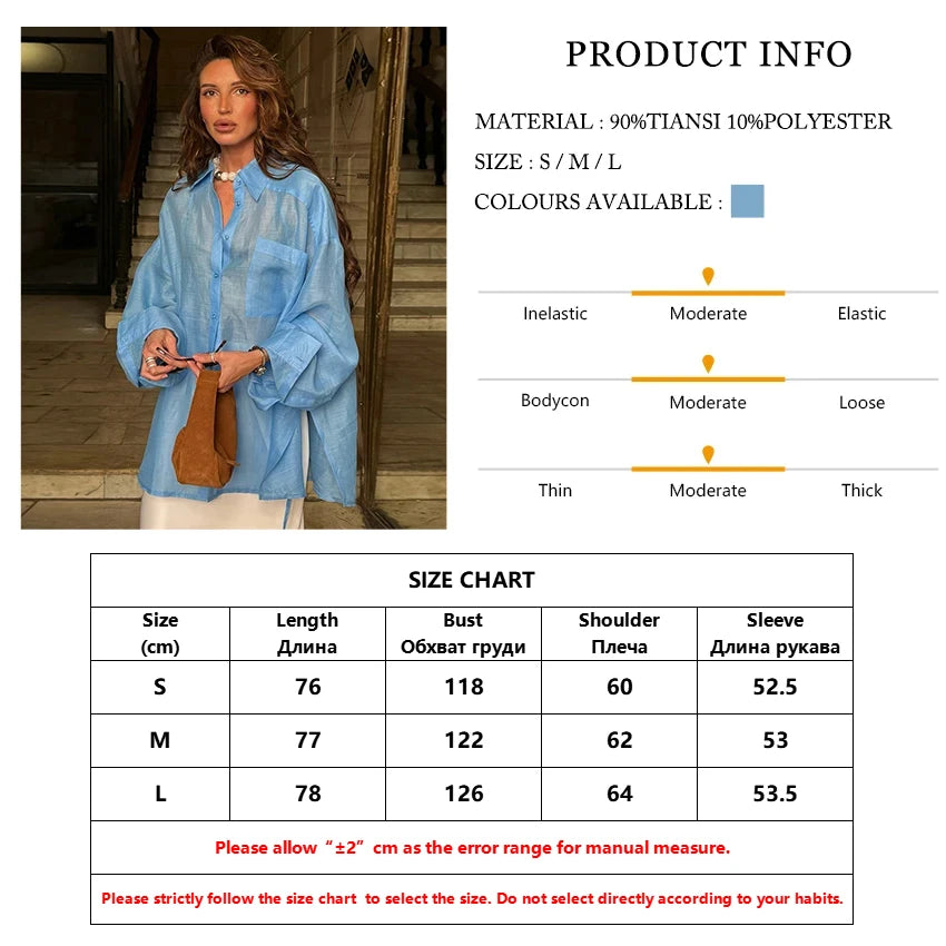 Clacive Fashion Loose Blue Women's Blouse 2025 Sexy Lapel Long Sleeve Shirt Elegant Classic Solid Blusas Tops Female Clothing