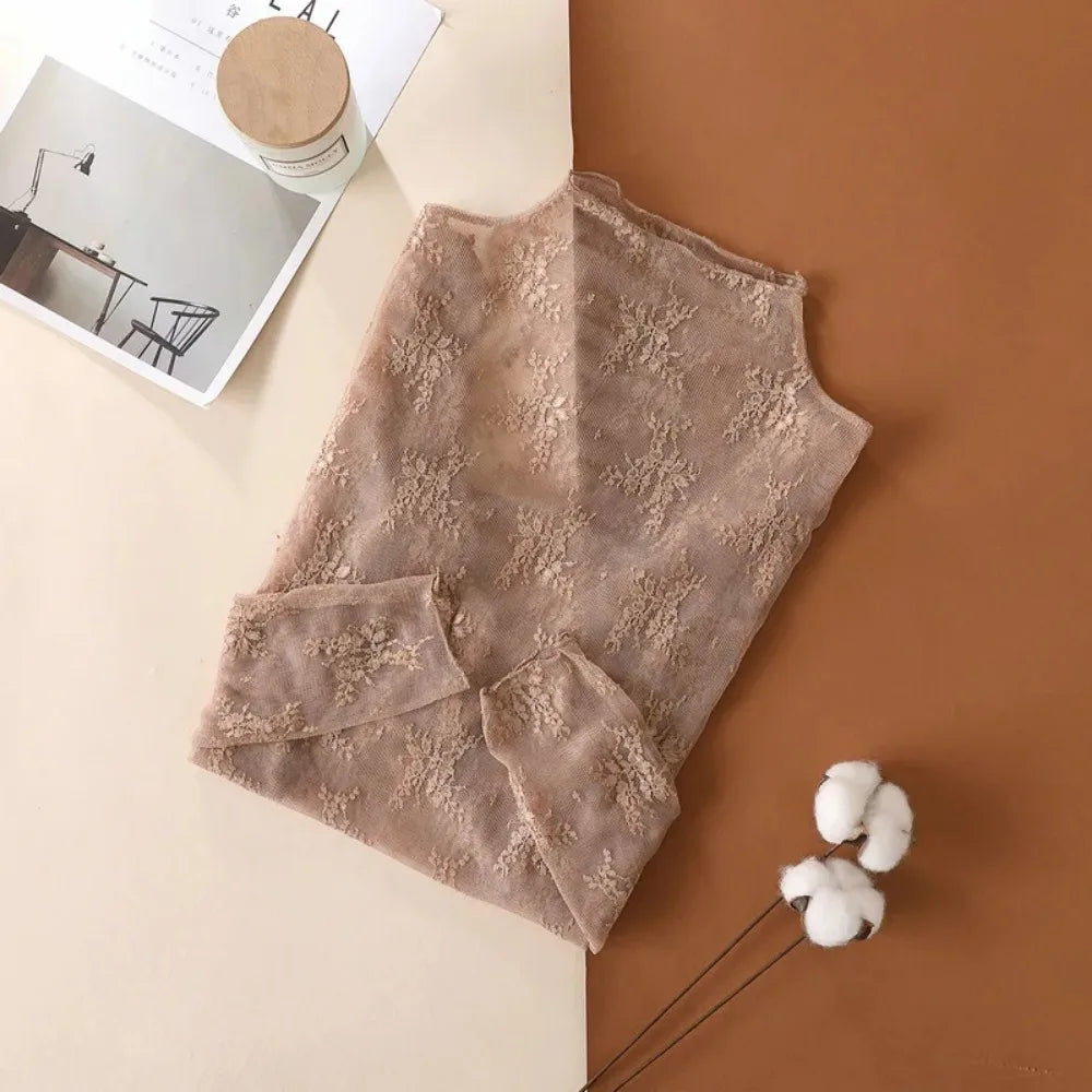 Women's Mesh T-Shirts Long Sleeve Transparent Lace Blouse Sheer See through Top Bottoming Shirt Crop Body Tee