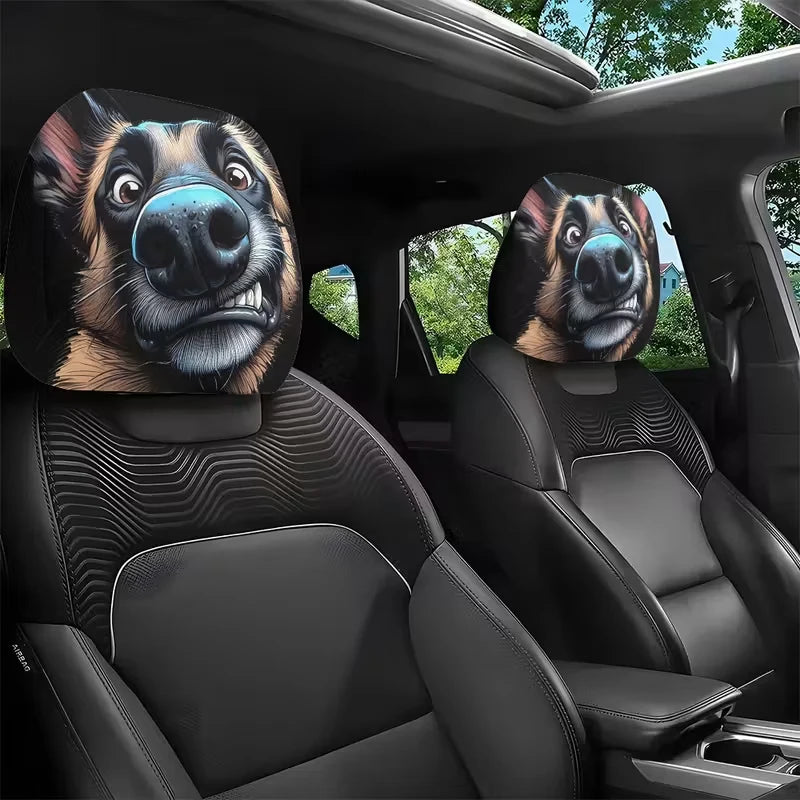 2PCS Funny Slanted Eyes Cartoon Print Car Headrest Cover for Halloween Christmas Holiday Automobile Interior Decoration