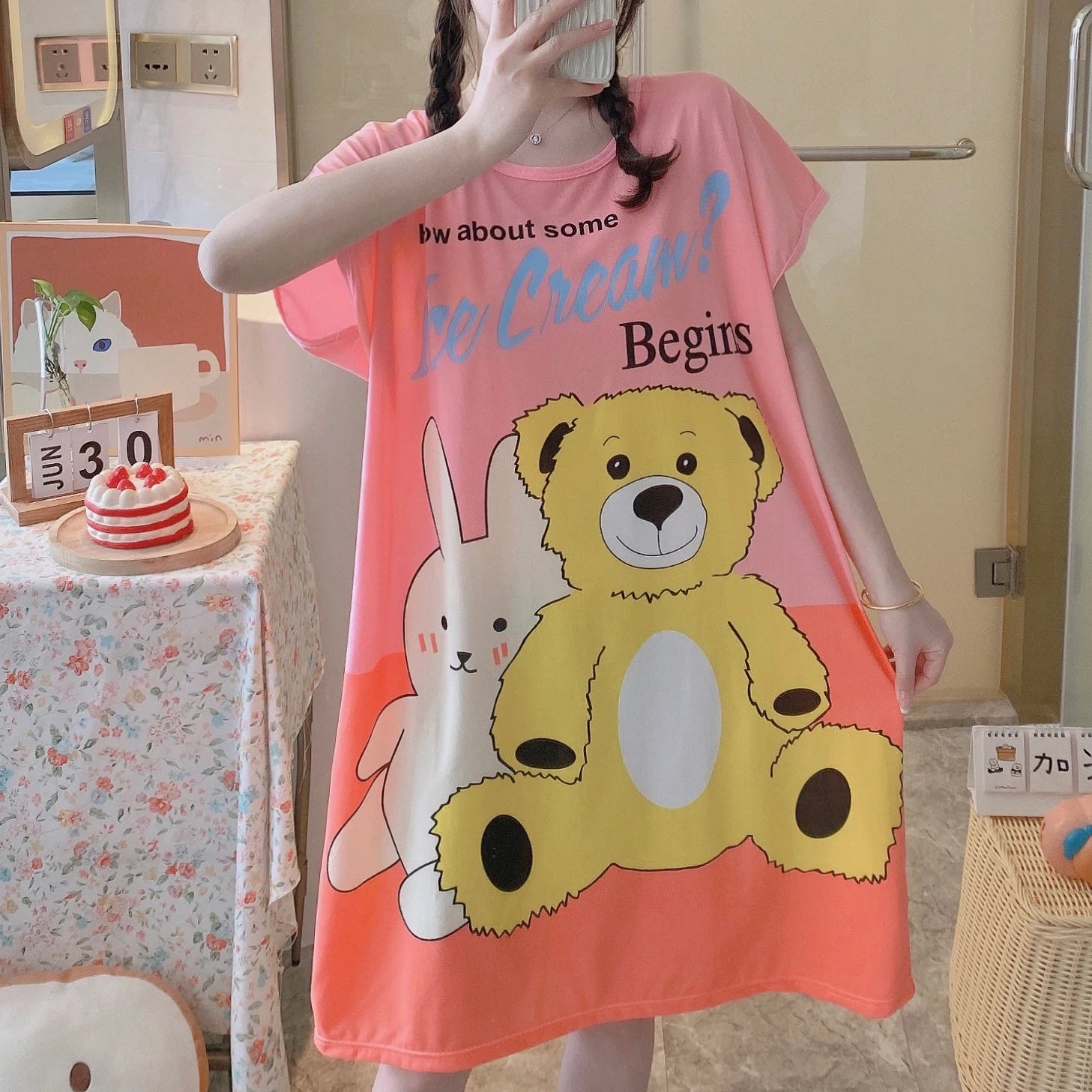 1PC, Summer And Autumn Cool Cute Girls Cartoon Nightdress, Comfortable Short-sleeved Dress, Women's Home Wear, Polyester Pajama