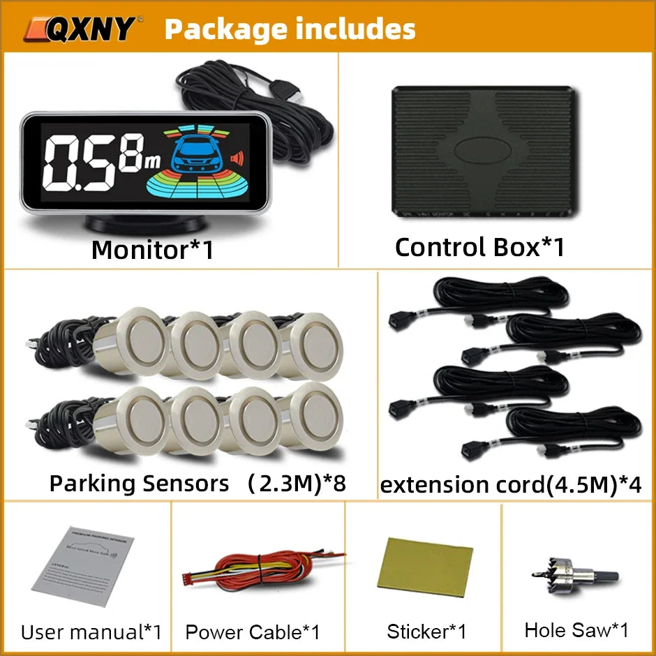 8 Parktronic Parking Sensors Kit Reversing Front and Rear Car Backup Radar Detector Backing Assistance Sound Aler AID