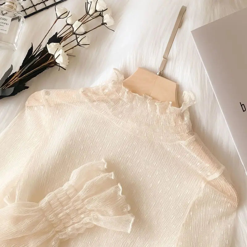 Bella Philosophy Women High Collar Mesh Perspective Blouse Summer Thin See Through Slim Bottoming Lace Long Flare Sleeved Tops