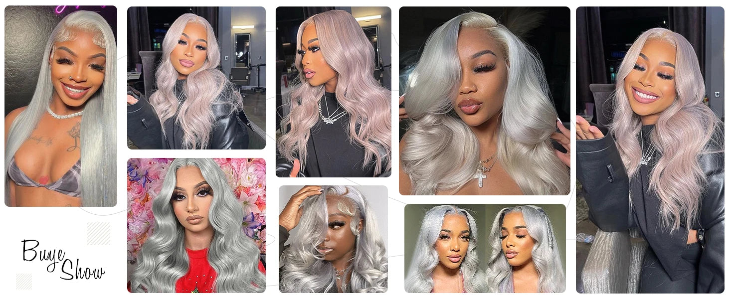 Silver Grey Brazilian Human Hair Wig 13X6 HD Transparent Lace Front Pre Plucked 28 32 Inch 200% Density Body Wave Wigs For Women