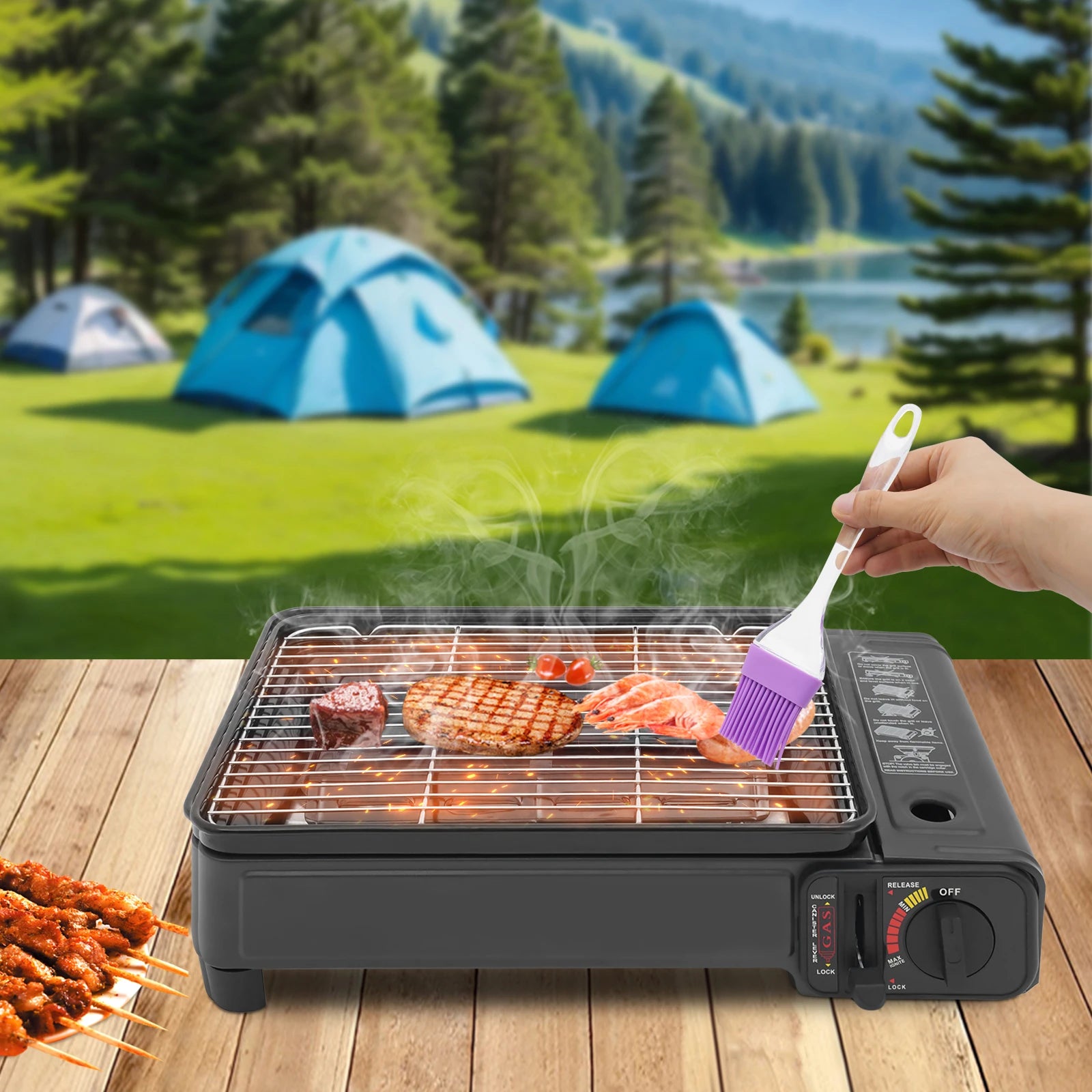 Gas Barbecue Grill, Butane LPG Stove 2.2KW Power, Camping Gas Stove Tabletop with Grilling Nets, Double-row Firepower Tubes