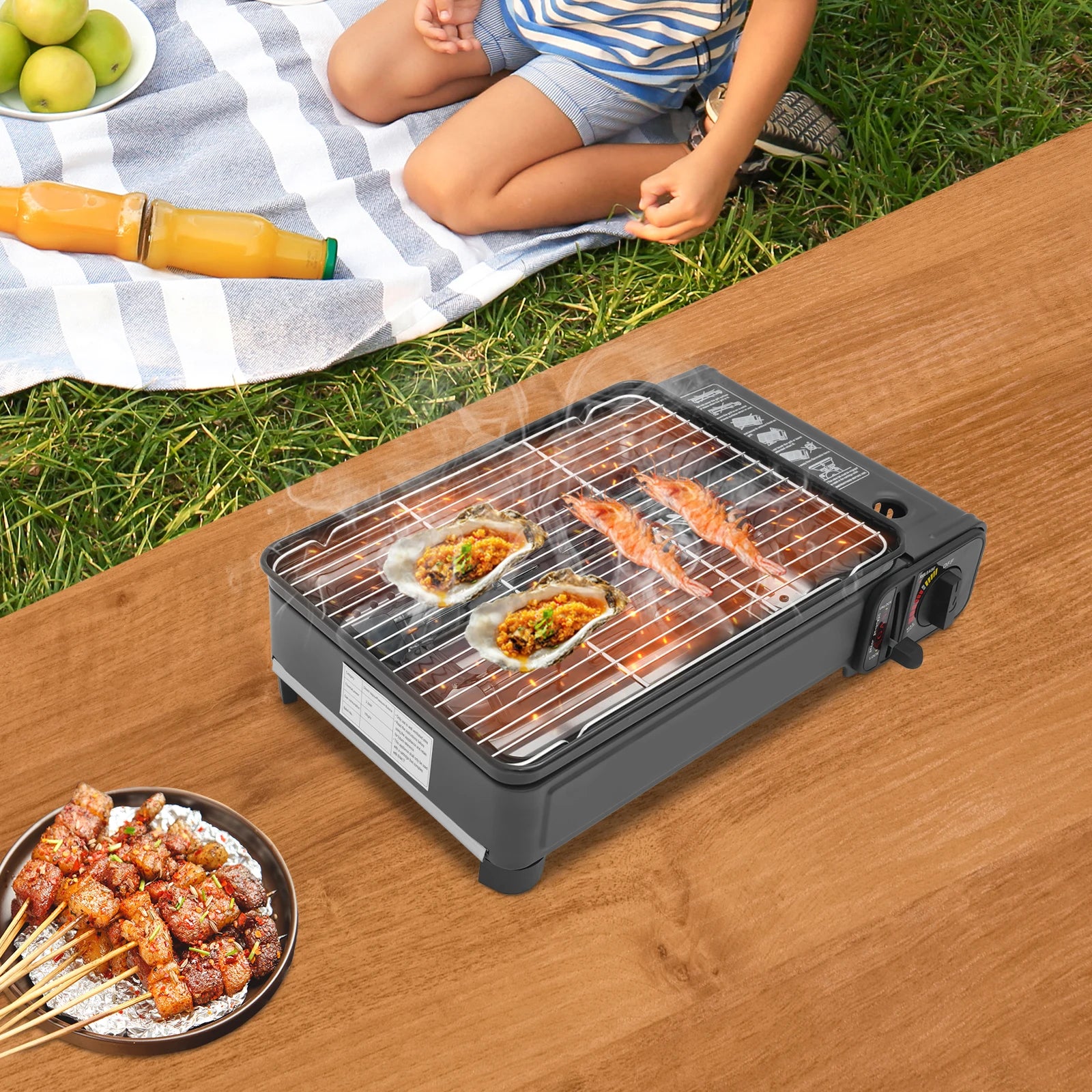 Gas Barbecue Grill, Butane LPG Stove 2.2KW Power, Camping Gas Stove Tabletop with Grilling Nets, Double-row Firepower Tubes