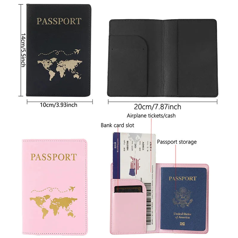 PU Leather Passport Cover For Men & Women World Map Travel Passport Case Organizer - Protective Card Holder ID Document Covers