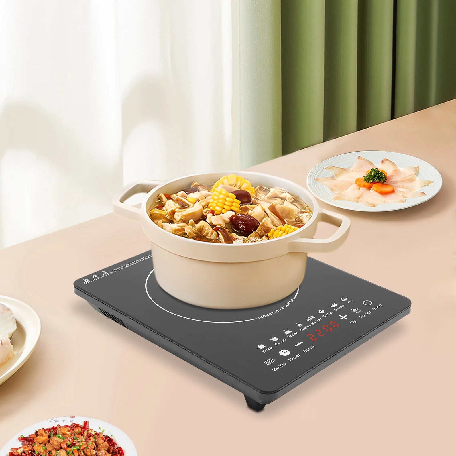 750W Electric Induction Cooker Glass PP Body 8 Presets Temp Adjustable for Dorm RV Home Restaurant & Hot Pot Use