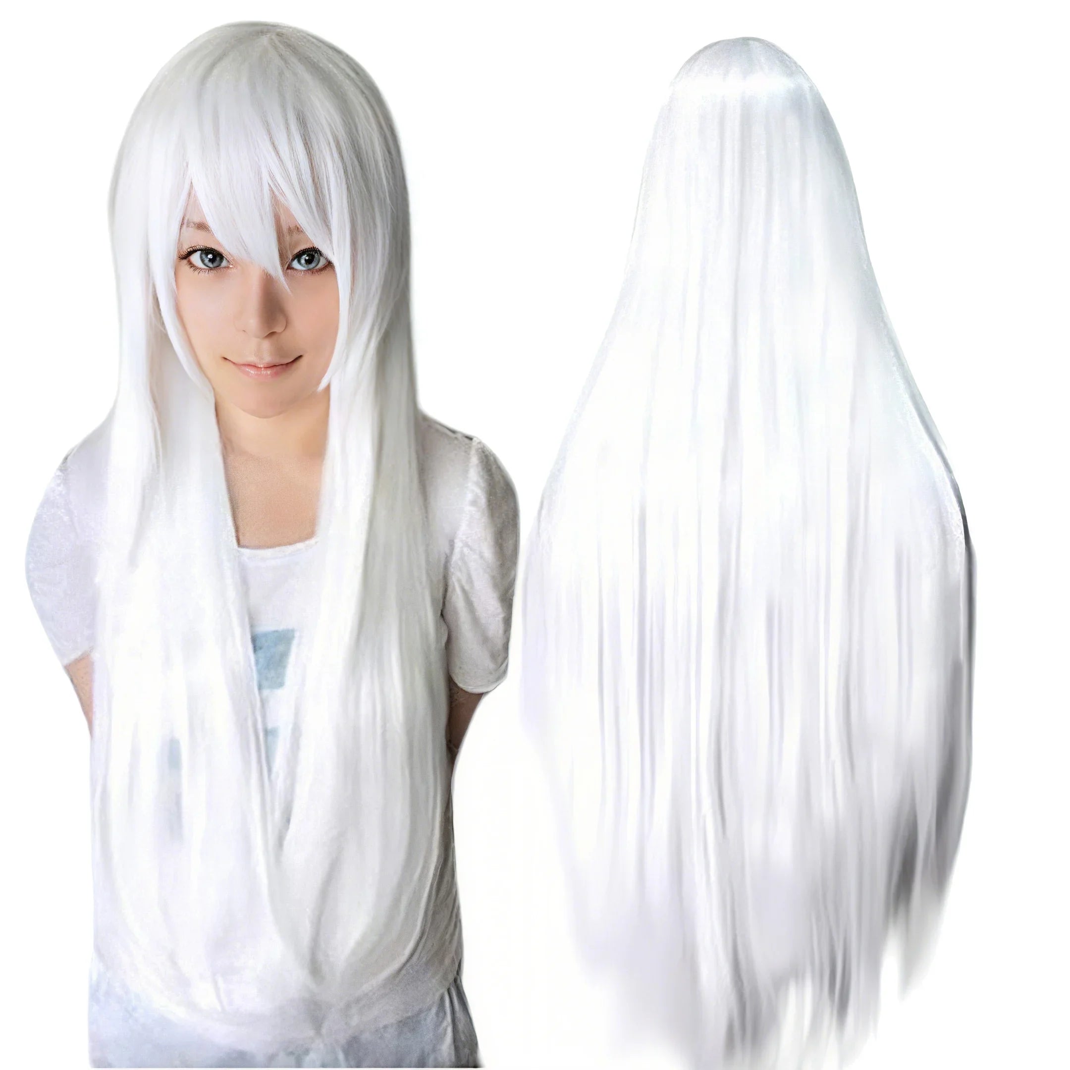 Synthetic Sliver White Long Wig for Anime Cosplay Halloween Costume Party Straight Whitish Wig with Bangs