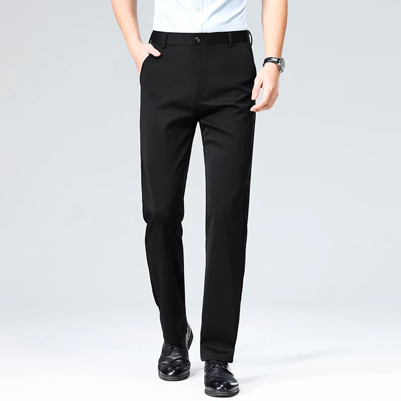 High-stretch fabric men's business trousers suitable for all seasons, featuring an elastic waistband and classic office/work for