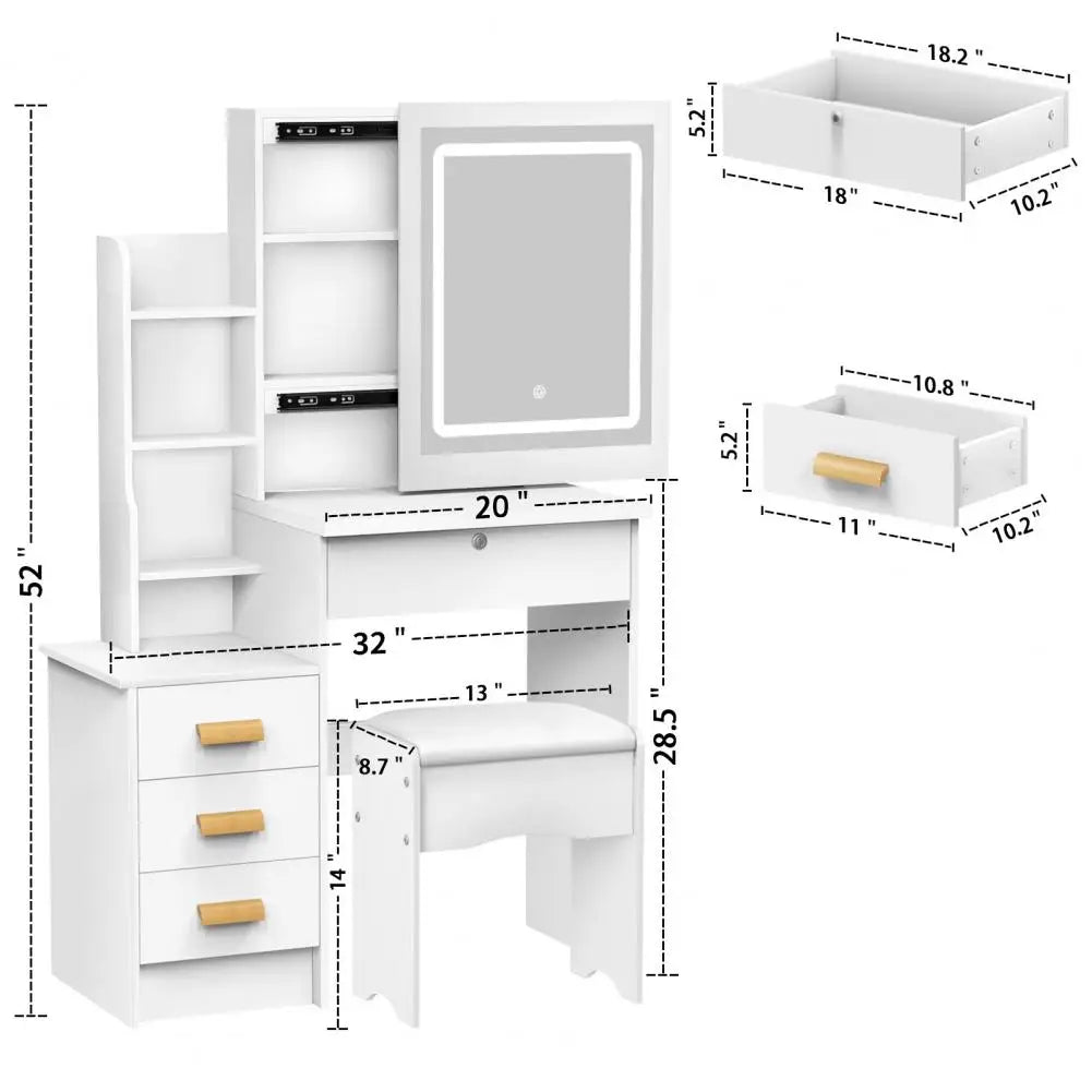 Bedroom Dressing Table Vanity Desk with Sliding Mirror and Lights Makeup Table with Hidden Storage Space