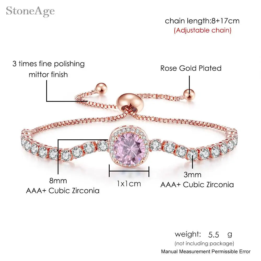 Pink Crystal Tennis Bracelets for Women Female Trend Romantic Shiny Zirconia Adjustable Folding Buckle Chain on Hand Jewelry