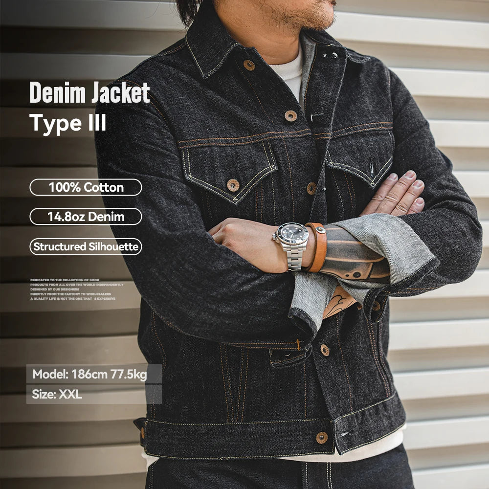 Maden Men's Denim Jacket Washed Vintage Jean Jacket Type III Trucker Jacket Cotton Slim Fit Workwear Outerwear Autumn Dark Blue