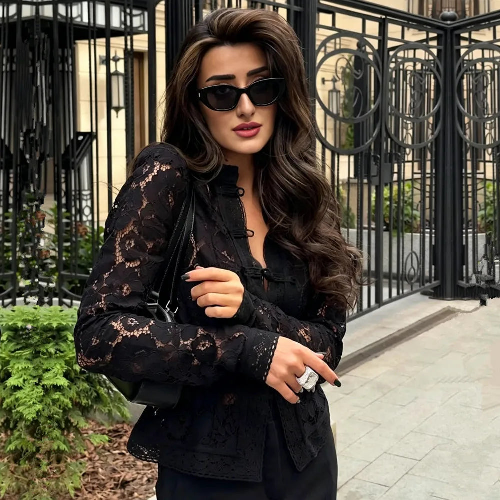 Ladies Vintage Lace Blouse Shirts Women Summer Hollow Out Casual Sand Collar Elegant Embroidery Puff Sleeve Sexy Top Shirts