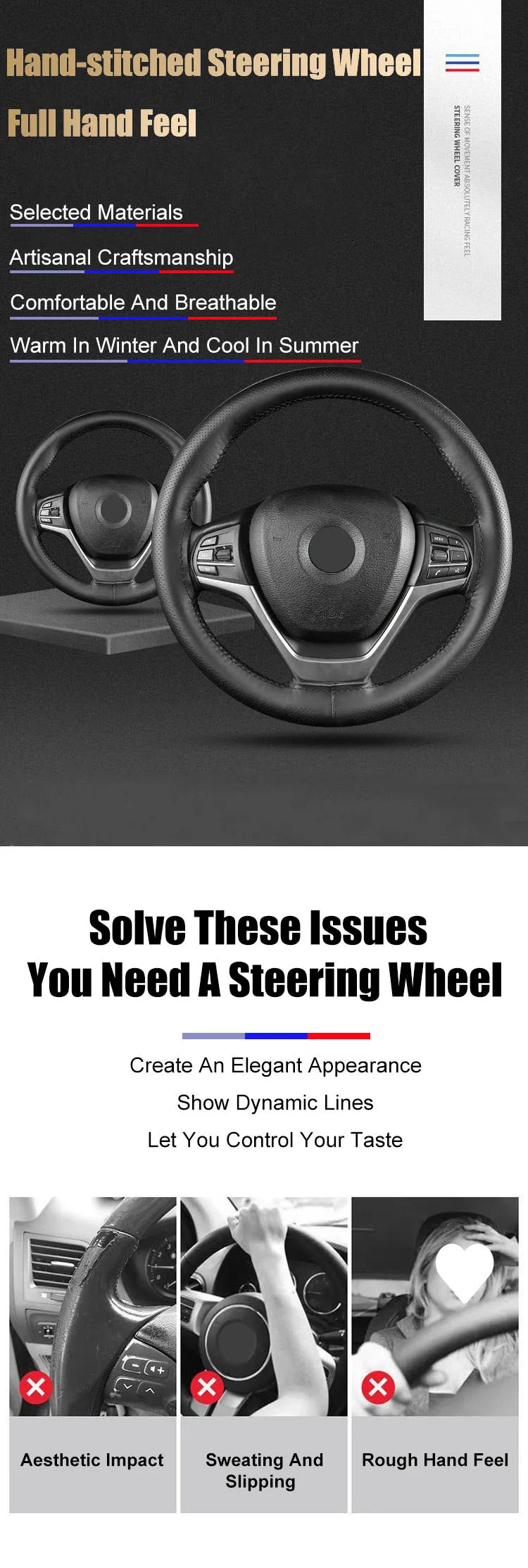 Car Steering Wheel Cover Needles And Braid Thread Artificial Leather Car Covers Suite 3 Color DIY Texture Soft Auto Accessories