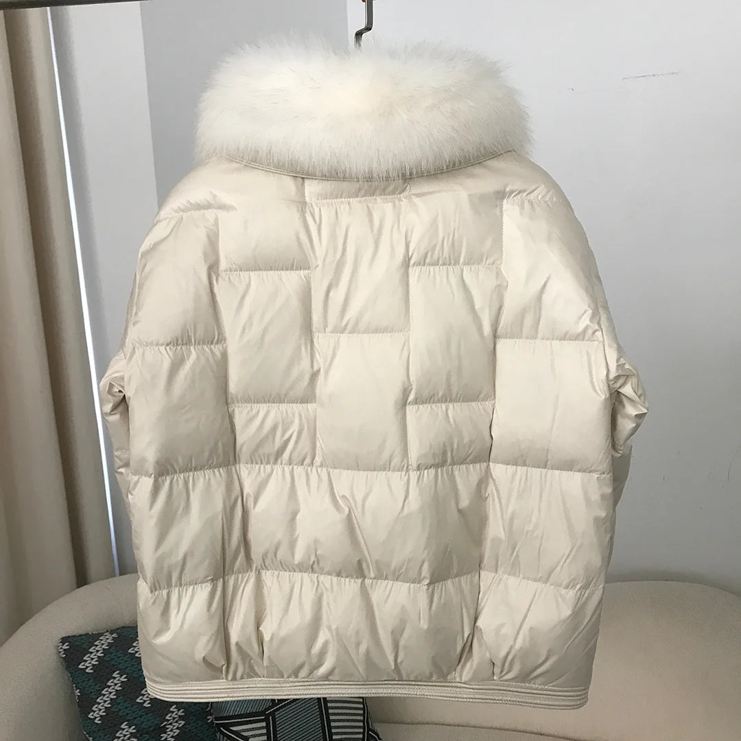Real Fox Mink Fur Collar Coat Winter Women White Duck Down Jacket Ladies Short Warm Puffer Female Loose Vintage Parka Outerwear