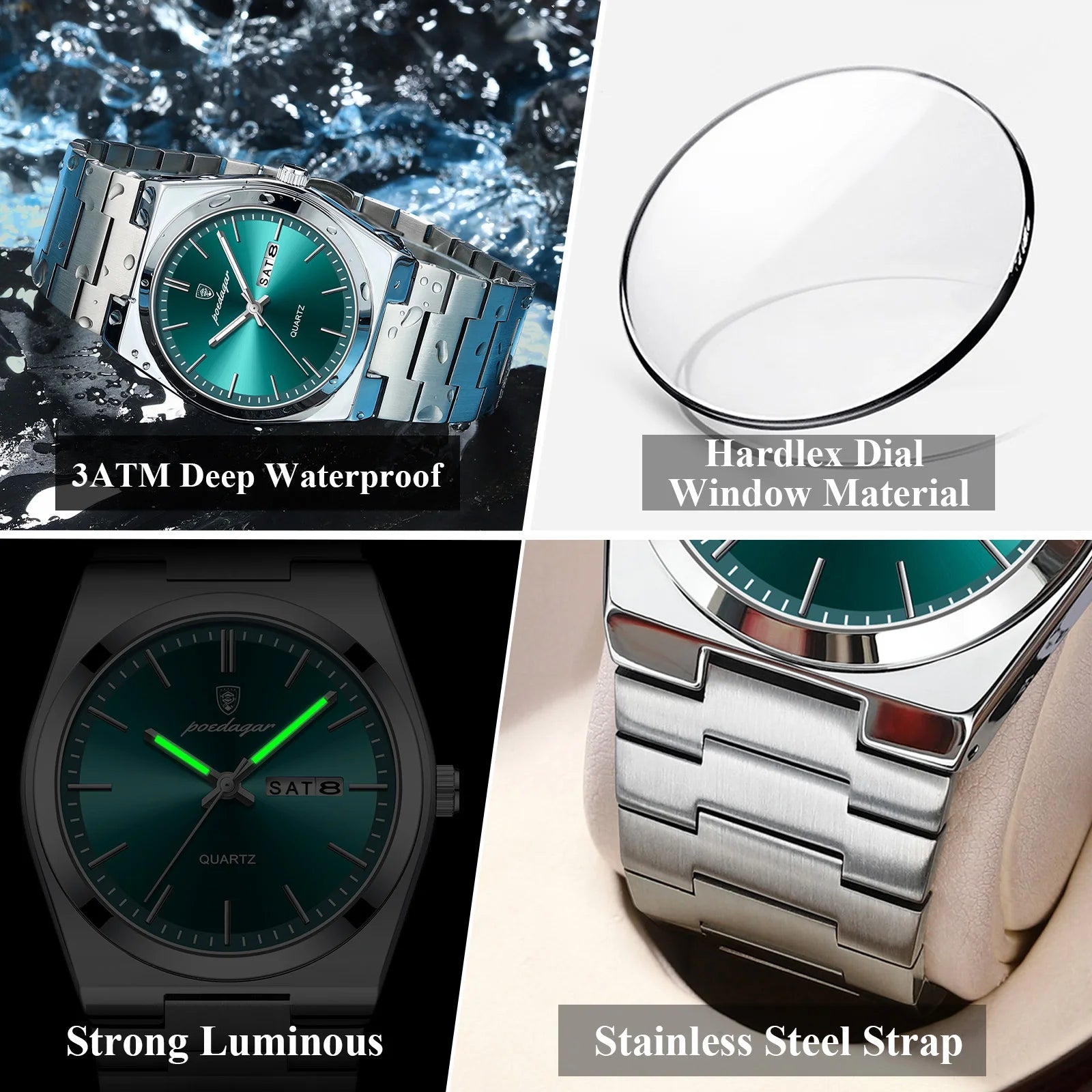 POEDAGAR Luxury Men's Watches Luminous Waterproof Stainless Steel Casual Men Clock Date Week Quartz Fashion Man Wristwatch Reloj