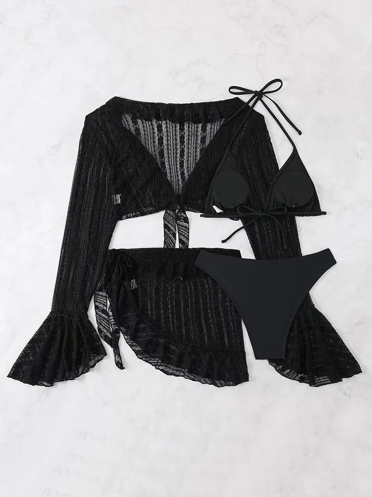 2026 Sexy Four-piece Women Swimsuit Long-sleeve Cover-up Swimwear Summer Solid Bikini Set Brazilian Beachwear Party bathing suit