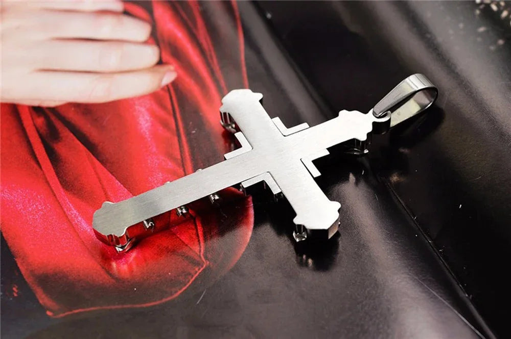 2024 New Male Crystal Cross Jesus Pendant Gold/Black/Blue Color Zirconia Cross Pendant Necklace Stainless Steel Jewelry