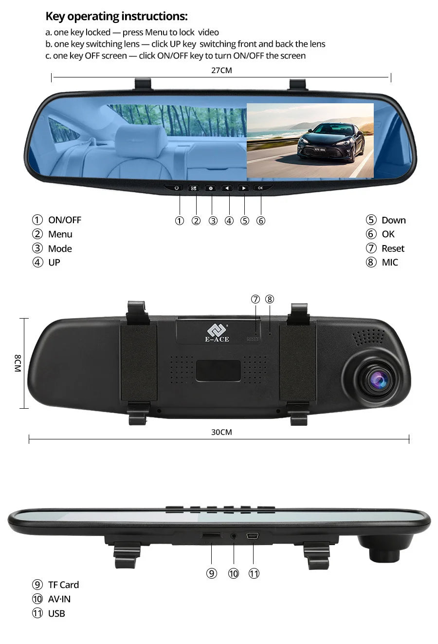 Dash Cam 4.3 inch "mini rear-view mirror digital dashcam, front and rear dual cameras IPS Front and Rear Camera Registrar Black