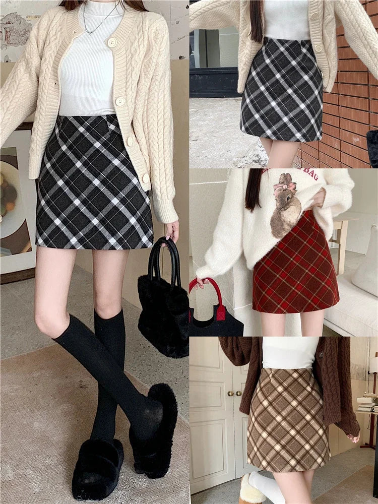 ITOOLIN Womem Vintage Plaid Tweed A-line Skirt Casual High Waist Mini Skirt Women Preppy Style Bodycon Skirts Spring Summer 2026