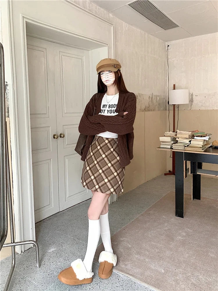 ITOOLIN Womem Vintage Plaid Tweed A-line Skirt Casual High Waist Mini Skirt Women Preppy Style Bodycon Skirts Spring Summer 2026