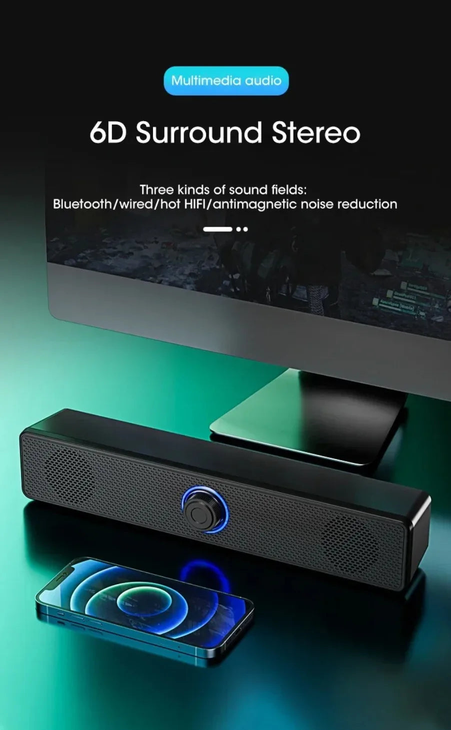 Wireless Bluetooth and PC Soundbar Wired Speaker USB Powered Soundbar for TV Pc Laptop Gaming Home Theater Surround Audio System