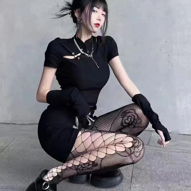 1pair White and Black Hollowed Out Lace Mesh Pantyhose Floral Rattan Bottomed Stockings