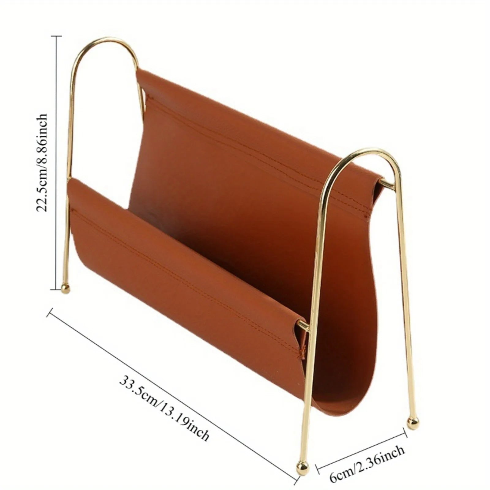 Nordic Metal Magazine Rack - Faux Leather Desk Organizer with Gold Frame, Compact Storage for Home Office/Bookshelf Decor