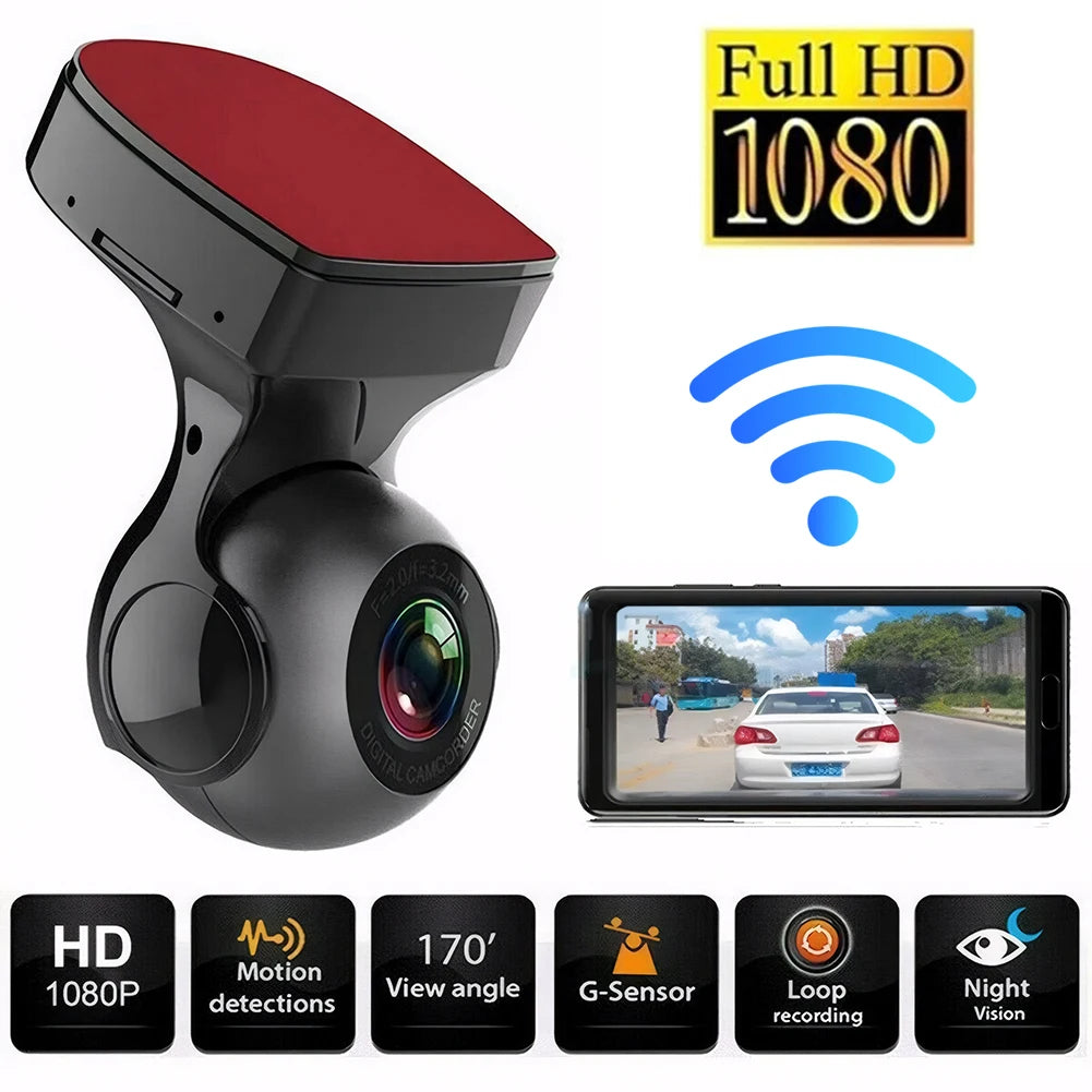 Car Dash Camera 1080P HD Driving Video Recorder 170 Degree Built-in WiFi DVR w/Night Vision Motion Detection G-Sensor Car Camera