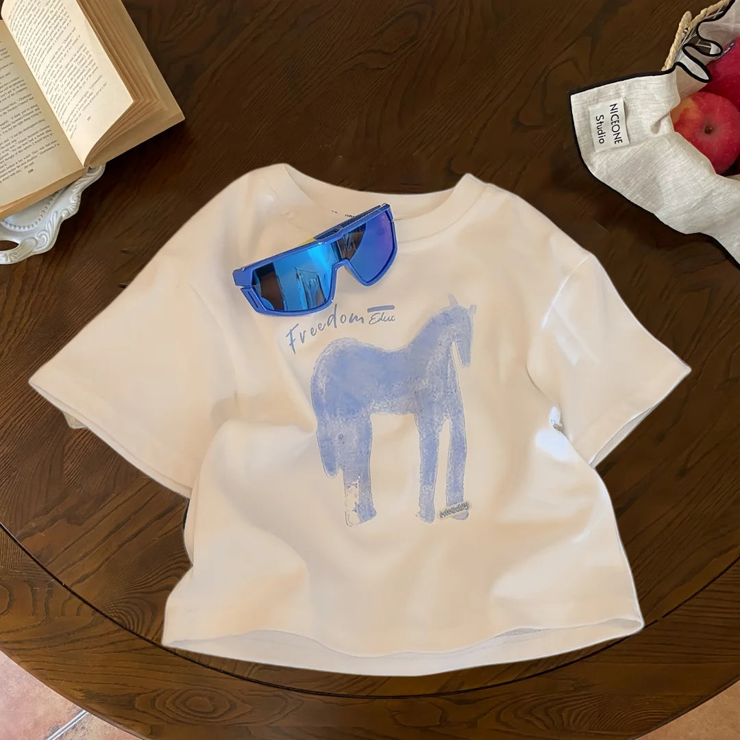 Kids Summer Loose T-Shirt Boys Girls Cartoon Print O-Neck Cotton Short Sleeve Top 1-10Y Children Korean Style Clothes