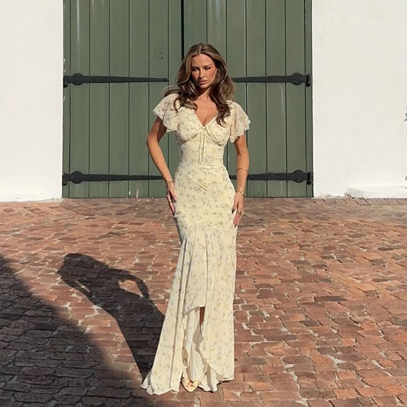 Fashion Organza Floral Printed Maxi Dress V-Neck Puff Sleeve 2026 Spring/Summer Romantic Women Party Gown Elegant Lady Vestido