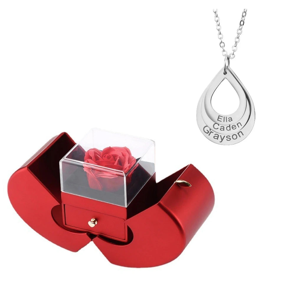 Personalized Water Drop Necklace Stainless Steel Custom Family Names 4 Layered Heart Charms Waterdrop Pendants Gift for Women