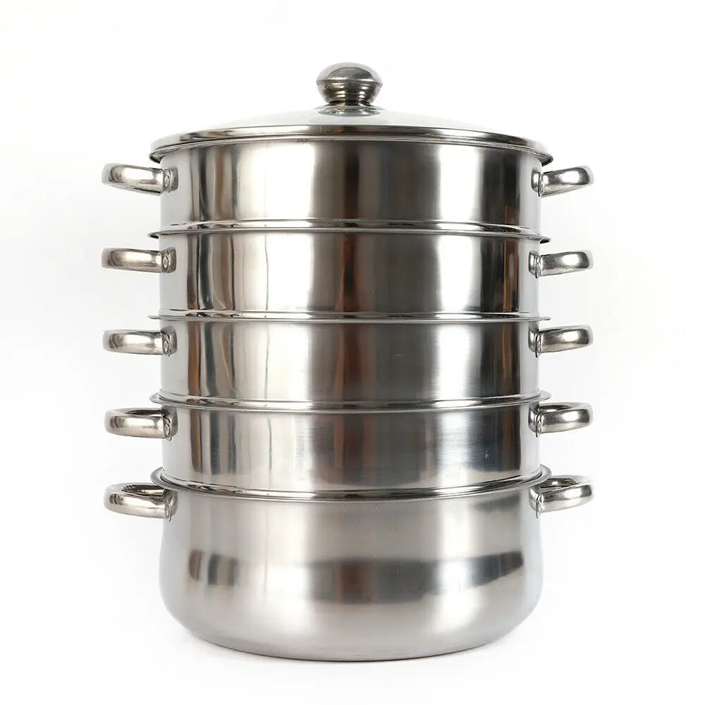 5 Tier 26 / 28 / 30cm Steam Cooker Steamer Pan Cook Food Veg Pot Stainless Steel