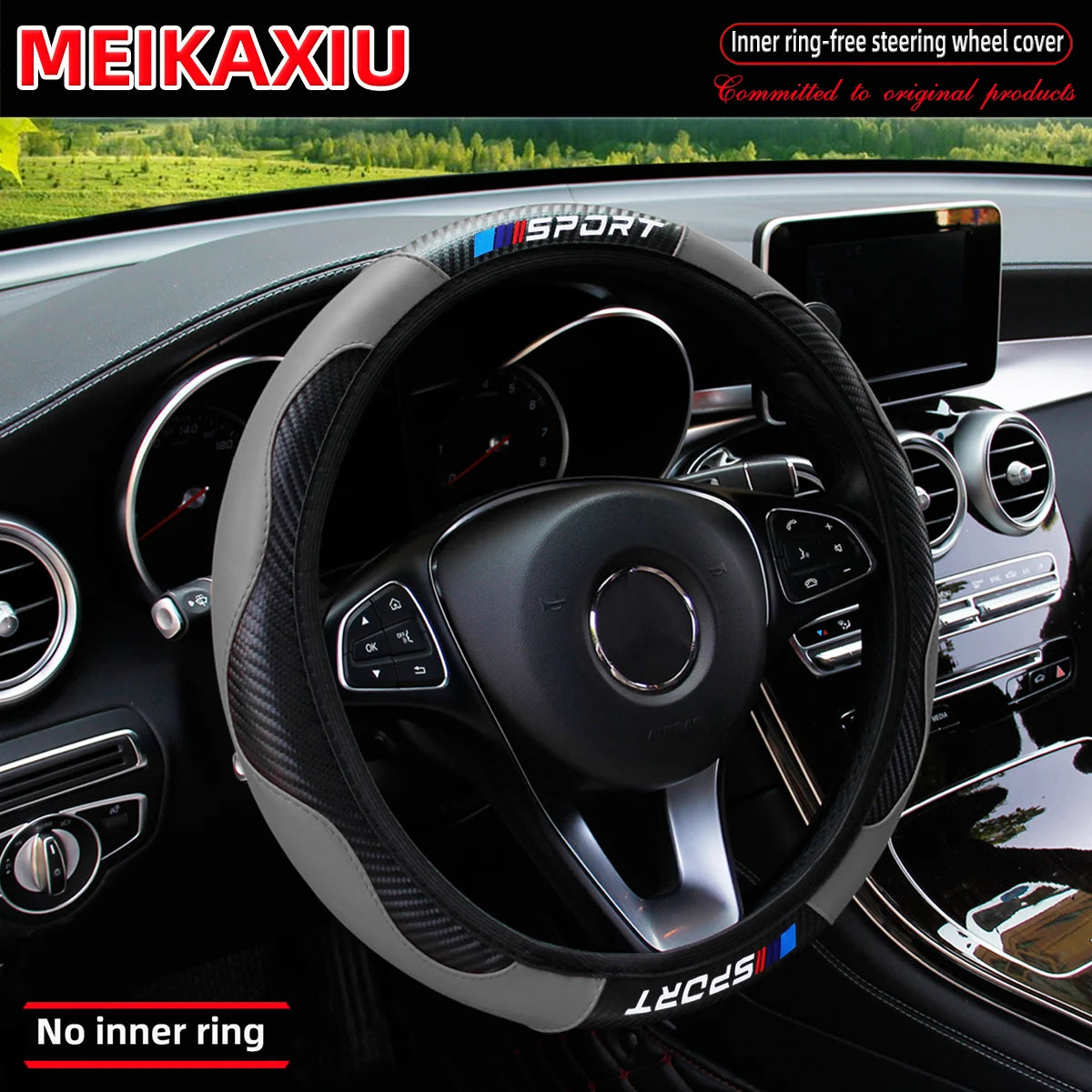 Carbon Fiber Leather Sport Steering Wheel Cover Rimless Universal Fit for 14.5-15 Inch Car Steering Wheels Decorative Accessory