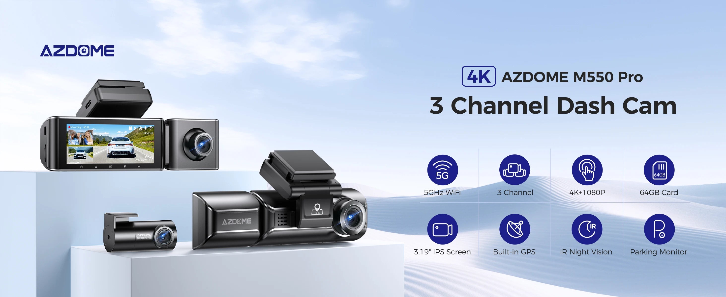 Upgrade AZDOME M550 Pro Dash Cam 4K Front Dashcam Auto 5.8Ghz Wi-Fi GPS G-sensor Car DVR 6 IR Night Vision Parking Monitor