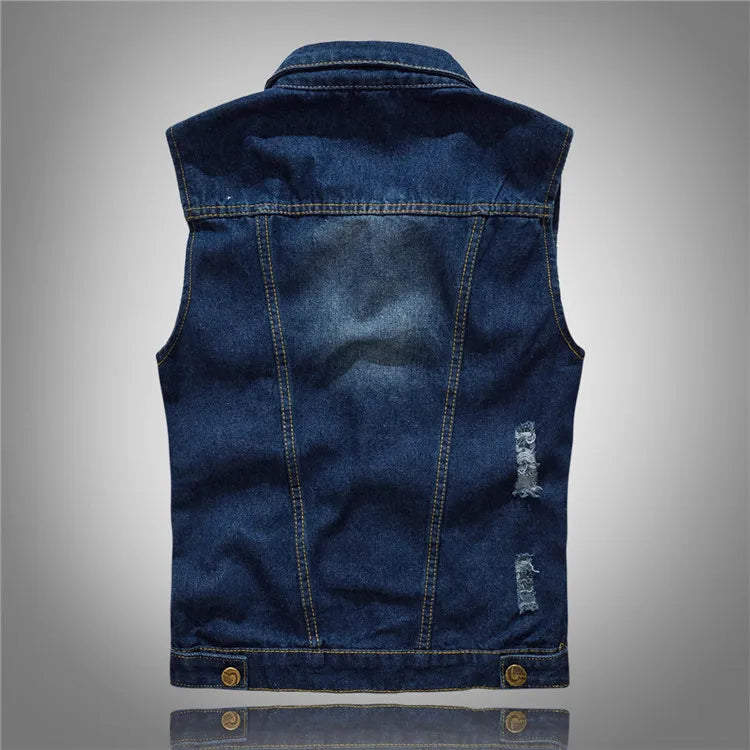 Men Denim Vests Jackets Waistcoats Light Blue Ripped Denim Coats Vests New Fashion Male Cotton Slim Black Jeans Waistcoats 6XL