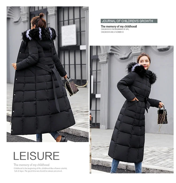 Long Down Cotton Parkas Coat Female New Winter Over Knee Loose Large Fur Collar Hooded Warm Thick Parkas Women  Padded Overcoat