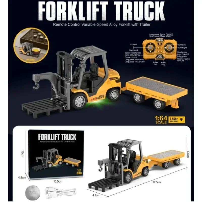 1:64 RC Mini Alloy Car Forklift with Trailer Excavator Desktop Game 2.4G Remote Control Engineering Lift Truck Child's Toy Gifts