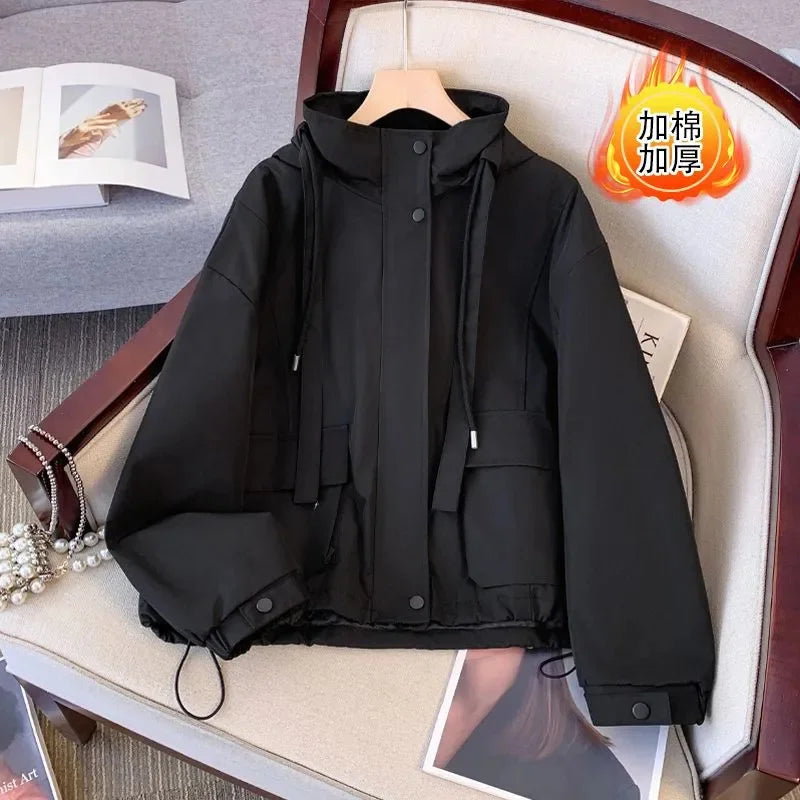 Short Hooded Jacket Women's Spring Autumn 2026 New Lady Loose Thin Work Jacket Top Solid Casual Student Zipper Outwear