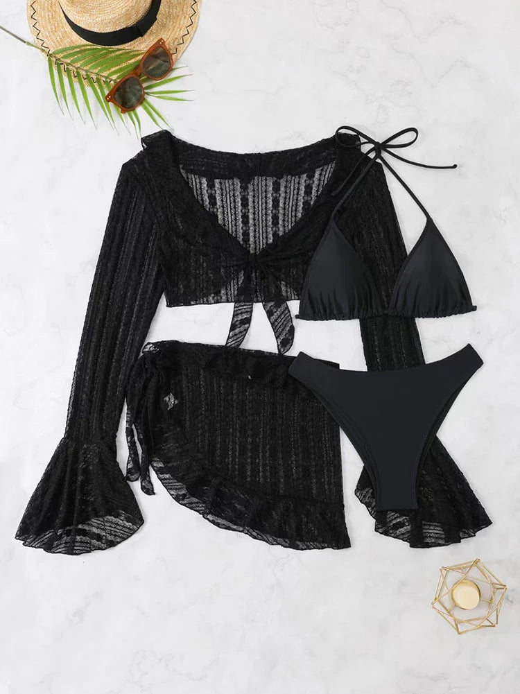 2026 Sexy Four-piece Women Swimsuit Long-sleeve Cover-up Swimwear Summer Solid Bikini Set Brazilian Beachwear Party bathing suit